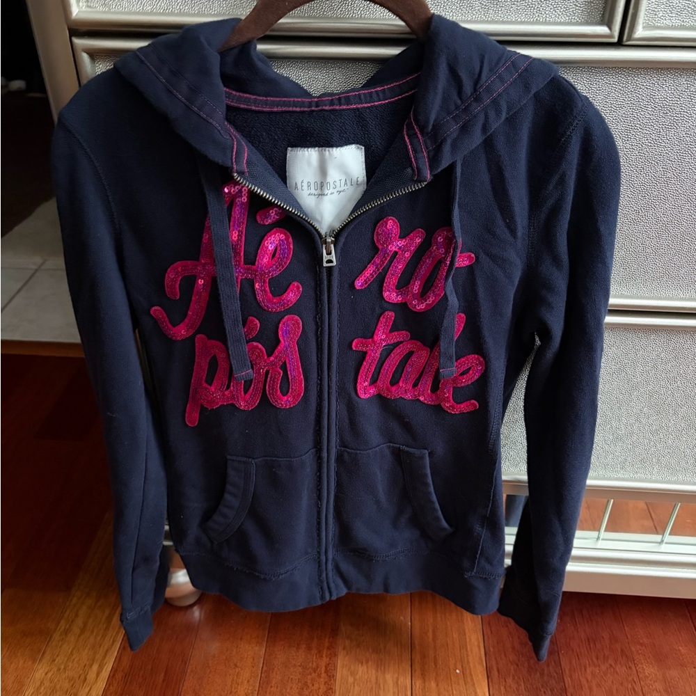 Aeropostale Sequins Full Zip Hoodie Navy Blue or White with Pink Sz S
